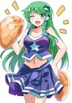  ;d bare_arms blue_eyes breasts cheerleader cleavage collarbone cowboy_shot crop_top crop_top_overhang e.o. frog_hair_ornament green_hair hair_ornament hand_on_hip highres kochiya_sanae large_breasts long_hair midriff navel one_eye_closed open_mouth pom_poms shirt skirt skirt_set sleeveless sleeveless_shirt smile snake_hair_ornament solo touhou very_long_hair 