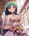  artist_request bangs bouquet bridal_veil bride brown_eyes church dress earrings flower from_below green_hair idolmaster idolmaster_million_live! indoors jewelry long_hair necklace official_art short_hair smile solo sparkle stained_glass strapless strapless_dress tiara tokugawa_matsuri veil wedding_dress window 