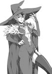  blazblue breasts cape center_opening cleavage earrings eight_(blazblue) gloves greyscale hat jewelry long_hair medium_breasts monochrome sami_(object_dump) solo 