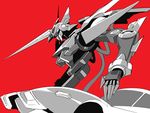  bow concrete_revolutio equus from_side machinery mecha no_humans red_background red_bow simple_background 