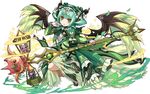  aqua_hair astaroth_(p&amp;d) blush_stickers cauchemar_(p&amp;d) dress feathered_wings fishnet_gloves fishnets gloves green_dress hairband headdress official_art open_mouth puzzle_&amp;_dragons see-through short_hair smile solo sparkle staff wings yellow_eyes 