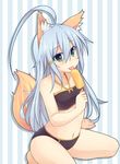  animal_ears bad_id bad_pixiv_id bikini blue_hair blush commentary_request dog_ears flat_chest food green_eyes licking long_hair navel popsicle shinopoko sitting smile solo swimsuit tail tongue tongue_out 