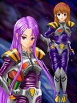  armor blue_eyes boots brown_hair gloves happy highres letlade_elendil long_hair looking_at_viewer macross macross:_eternal_love_song misty_klaus multiple_girls open_mouth pilot_suit planet purple_eyes purple_hair science_fiction serious space spacesuit star_(sky) tsumazu u.n._spacy very_long_hair 