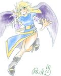  angel_wings bad_id bad_pixiv_id black_wings blonde_hair blush boots breasts breath_of_fire breath_of_fire_ii bridal_gauntlets dress full_body green_eyes highres knee_boots large_breasts large_wings legs long_hair long_legs nina_(breath_of_fire_ii) no_panties side_slit sidelocks solo thigh_boots thighhighs thighs wings 