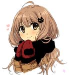  ahoge bangs black_scarf blush brown_eyes brown_hair cat_hair_ornament hair_ornament hairclip hands_together heart long_hair looking_at_viewer mittens mole mole_under_mouth original scarf simple_background smile solo upper_body white_background yukichi_(ohuton_zzz) 