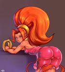  absurdres ass bangle big_hair bodysuit bracelet breasts cameltoe covered_nipples dark_skin din from_behind highres jewelry long_hair neck_ring pink_bodysuit pointy_ears ponytail randomboobguy red_hair signature skin_tight small_breasts solo the_legend_of_zelda the_legend_of_zelda:_oracle_of_seasons very_long_hair 