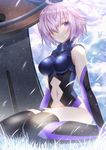  ahoge armor arms_at_sides bangs bare_shoulders black_legwear black_leotard blurry bokeh breasts closed_mouth cloud cloudy_sky day depth_of_field elbow_gloves eyebrows_visible_through_hair fallstreak_hole fate/grand_order fate_(series) from_side full_body gloves grass groin hair_over_one_eye halterneck hips impossible_clothes impossible_leotard leotard light_smile looking_at_viewer looking_to_the_side mash_kyrielight md5_mismatch medium_breasts navel navel_cutout on_ground outdoors petals purple_eyes purple_gloves senoo_aoi shield short_hair silver_hair sitting skin_tight sky smile solo stomach thigh_strap thighhighs thighs turtleneck wariza 