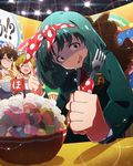  brown_hair candy food fork fukuda_noriko green_hair idolmaster idolmaster_million_live! multiple_girls official_art satake_minako smile tokugawa_matsuri turn_pale 