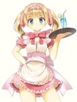  apron arm_behind_back blonde_hair blue_eyes blush bow bowtie buttons cowboy_shot dress drink drinking_straw food frills fruit hair_ribbon holding ice ice_cube lime_(fruit) looking_at_viewer maid maid_headdress original pink_dress puffy_short_sleeves puffy_sleeves red_bow red_neckwear ribbon short_hair short_sleeves simple_background solo sora46 two_side_up waitress yellow_background 