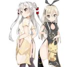  &gt;_&lt; :&lt; alternate_costume amatsukaze_(kantai_collection) black_legwear blonde_hair blush brown_eyes character_print china_dress chinese_clothes cleavage_cutout closed_eyes commentary_request double_bun dress garter_straps grey_eyes groin hair_ornament hairband kanisaka_shizuku kantai_collection long_hair looking_at_viewer looking_back multiple_girls no_panties open_mouth rensouhou-chan rensouhou-kun shimakaze_(kantai_collection) silver_hair simple_background thighhighs two_side_up white_background white_legwear windsock 