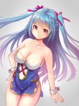  bare_shoulders blue_dress blue_eyes blue_hair breasts brown_eyes cleavage collarbone cowboy_shot dress dutch_angle hair_ribbon hand_on_hip large_breasts long_hair looking_at_viewer nishizawa original pink_ribbon ribbon side_slit simple_background smile solo standing strapless strapless_dress twintails very_long_hair wrist_cuffs 