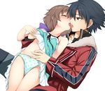  1girl assisted_exposure bad_id bad_pixiv_id black_eyes black_hair blush bow brown_hair closed_eyes couple eiyuu_densetsu french_kiss green_panties hair_bow hakuleg hetero jacket kiss panties polka_dot polka_dot_panties rean_schwartzer red_jacket sen_no_kiseki short_hair skirt skirt_lift tongue towa_herschel underwear white_background 