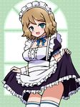  alternate_costume apron blue_eyes blush chro_(rulurullu) dress dress_lift enmaided frilled_dress frills green_panties maid maid_apron maid_headdress panties pantyshot pantyshot_(standing) pokemon pokemon_(anime) serena_(pokemon) short_hair solo standing thighhighs underwear wrist_cuffs 