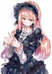  black_dress breasts dress fingernails frilled_dress frills hair_ribbon hairband hands_clasped interlocked_fingers kiyoichi_(acacia_soukyoukai) large_breasts lolita_fashion lolita_hairband long_hair orange_eyes own_hands_together pink_hair ribbon simple_background smile solo white_background 