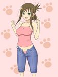  breasts brown_hair camisole capri_pants clenched_hands denim folded_ponytail green_eyes hair_ornament hairclip highres jeans kurobuta_(iina) large_breasts long_hair midriff open_mouth panties pants pink_panties ponytail smile solo sophia_esteed star_ocean star_ocean_till_the_end_of_time unbuttoned underwear unzipped 