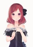  bangs bare_shoulders black_bow blush bow clenched_hand collarbone d: eyebrows eyebrows_visible_through_hair frills hair_bow hairband highres kobuta looking_at_viewer love_live! love_live!_school_idol_project nishikino_maki open_mouth parted_lips purple_eyes red_hair short_sleeves simple_background solo spread_fingers swept_bangs upper_body white_background 