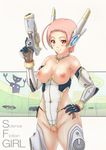  blush breastless_clothes breasts breasts_outside cameltoe cowboy_shot groin gun highres keito_fujihara looking_at_viewer medium_breasts nipples pink_hair red_eyes revealing_clothes robot_ears science_fiction short_hair smile solo weapon 