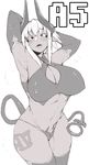  armpits black_sclera breasts cleavage_cutout covered_nipples criss-cross_halter demon_girl halter_top halterneck horns huge_breasts kamaboko_(ossann0125) monochrome original smile solo succubus thong venus_symbol 