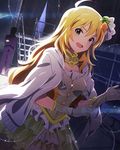  1girl ahoge alternate_costume artist_request blonde_hair blush faceless faceless_male gloves green_eyes hair_ornament hoshii_miki idolmaster idolmaster_(classic) idolmaster_million_live! jacket_on_shoulders kuroi_takao long_hair looking_at_viewer official_art white_gloves 