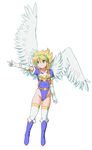  alternate_costume angel_wings armor blonde_hair blue_leotard boots breasts breath_of_fire breath_of_fire_i cameltoe full_body gloves green_eyes hairband highres large_wings leotard murasaki2007 nina_(breath_of_fire_i) older pointing short_hair small_breasts solo thighhighs white_background white_wings wings 