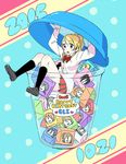  2015 :o ayase_eli black_footwear black_legwear blonde_hair blue_eyes character_name character_print cup dated happy_birthday highres hoshizora_rin in_container koizumi_hanayo kousaka_honoka love_live! love_live!_school_idol_project minami_kotori murata_(igaratara) nishikino_maki otonokizaka_school_uniform polka_dot polka_dot_background ponytail school_uniform scrunchie shoes sitting skirt socks solo sonoda_umi toujou_nozomi yazawa_nico 