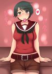  blush commentary_request condom condom_in_mouth green_hair heart heart-shaped_pupils kantai_collection mogami_(kantai_collection) mos_(mostfunny) mouth_hold school_uniform short_hair shorts solo symbol-shaped_pupils 