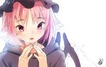  animal_ears ayagi_daifuku bird_wings blush breath fingers_together hat hood hoodie looking_at_viewer mob_cap mystia_lorelei open_mouth pink_hair red_eyes short_hair signature simple_background smile solo touhou upper_body white_background wings 