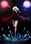  asymmetrical_hair bare_legs barefoot black_dress black_sclera black_skirt blonde_hair blurry cape dress hair_over_one_eye highres johan_(johan13) long_hair looking_at_viewer low_ponytail moon no_panties original outstretched_arm reaching red_eyes short_hair skirt solo zipper 