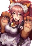  absurdres animal_ears apron bell bell_collar blush breasts cleavage collar fangs fate/grand_order fate_(series) fox_ears hair_ribbon highres large_breasts long_hair looking_at_viewer maid maid_apron maid_headdress open_mouth pink_hair ribbon simple_background solo tamamo_(fate)_(all) tamamo_cat_(fate) wachiroku_(masakiegawa86) white_background yellow_eyes 
