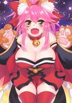  animal_ears bell bell_collar blush breasts cleavage collar fangs fate/grand_order fate_(series) fox_ears hair_ribbon large_breasts long_hair looking_at_viewer open_mouth pink_hair red_legwear ribbon shirisensha solo star starry_background tamamo_(fate)_(all) tamamo_cat_(fate) thighhighs yellow_eyes 
