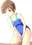  bare_shoulders blush breasts brown_eyes brown_hair collarbone competition_swimsuit guided_penetration idolmaster idolmaster_cinderella_girls imminent_sex imminent_vaginal long_hair maguro_(fufu) medium_breasts nitta_minami one-piece_swimsuit penis pussy smile solo_focus swimsuit swimsuit_aside 