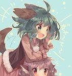  ahoge animal_ears blue_background blush downscaled dress fang green_eyes green_hair kasodani_kyouko long_sleeves md5_mismatch multiple_girls mystia_lorelei open_mouth out_of_frame pink_hair red_eyes resized short_hair smile tail tail_wagging text_focus touhou usamata vest 