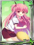  angel_beats! ball cowboy_shot gym_uniform long_hair pink_eyes pink_hair pokopi shorts solo two_side_up yui_(angel_beats!) 