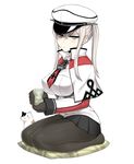  blonde_hair blue_eyes breasts capelet cat celtic_knot cup cushion full_body gloves graf_zeppelin_(kantai_collection) hat kantai_collection kneeling lang_(chikage36) large_breasts long_hair miniskirt pantyhose peaked_cap skirt solo tea twintails yunomi zabuton 