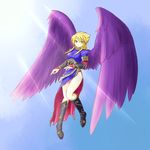  angel_wings blonde_hair blush boots bracer breasts breath_of_fire breath_of_fire_ii bridal_gauntlets day dress green_eyes highres knee_boots large_breasts large_wings legs long_hair long_legs nina_(breath_of_fire_ii) no_panties purple_wings side_slit sidelocks sky solo thighs torisei8 wings 