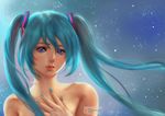  archie-the-redcat blue_eyes blue_hair blue_nails collarbone hair_ornament hand_on_own_chest hatsune_miku lips long_hair looking_at_viewer nail_polish parted_lips patreon_logo patreon_username signature solo topless twintails upper_body vocaloid watermark web_address 