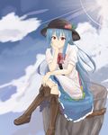  :3 blue_hair blush boots cloud crossed_legs day food fruit hand_on_own_chin hat head_rest hinanawi_tenshi keystone knee_boots light_smile long_hair nise6 peach red_eyes sitting solo touhou 