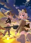  bird_tail blue_eyes cloud commentary floating_hair flying garrison_cap goggles goggles_on_head gun hanna-justina_marseille hat head_wings highres lens_flare long_hair looking_at_viewer looking_back machine_gun mg34 multiple_girls pink_hair raisa_pottgen scarf short_hair sky smile strike_witches striker_unit sun sunset suomio tail uniform weapon world_witches_series 