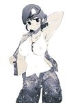  :o arm_behind_head arm_up armpits bad_id bad_pixiv_id bangs bare_shoulders belt beret between_breasts blush breasts breasts_apart breasts_outside camouflage camouflage_pants cargo_pants collarbone contrapposto cowboy_shot dog_tags groin hand_behind_head hand_in_hair hat hips jewelry large_breasts looking_at_viewer military military_uniform monochrome navel necklace nipples no_bra no_panties one-piece_tan open_clothes open_fly open_mouth open_shirt pants shirt short_hair simple_background solo standing tan tanline thomas_hewitt undressing uniform unzipped 