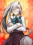  ahoge asashimo_(kantai_collection) bow bowtie crossed_arms grey_eyes grin hair_over_one_eye hetza_(hellshock) kantai_collection long_hair long_sleeves looking_at_viewer pantyhose school_uniform sharp_teeth silver_hair skirt smile solo teeth 