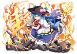  blue_hair boots cross-laced_footwear dress fire food fruit full_body hat hinanawi_tenshi image_sample lace-up_boots layered_dress long_hair looking_at_viewer nogisaka_kushio peach puffy_sleeves red_eyes ribbon short_sleeves smile solo spread_legs sword_of_hisou text_focus touhou transparent_background twitter_sample 