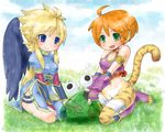  angel_wings animal_ears black_dress blonde_hair blue_eyes blush boots bracer breasts breath_of_fire breath_of_fire_ii bridal_gauntlets bustier cat_ears cat_tail dress facial_mark full_body furry gloves green_eyes knee_boots large_breasts large_wings legs long_hair long_legs multiple_girls nina_(breath_of_fire_ii) no_panties orange_hair pointy_ears rinpoo_chuan setogawatakumi short_hair side_slit sidelocks tail thighs white_background wings 