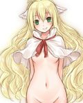  arms_behind_back awai_shiro bad_id bad_pixiv_id blonde_hair breasts cape capelet fairy_tail green_eyes groin head_tilt head_wings long_hair looking_at_viewer mavis_vermilion naked_cape navel out-of-frame_censoring small_breasts smile solo underboob very_long_hair wavy_hair 