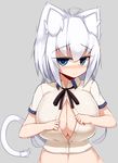  3: ahoge animal_ears belly blue_eyes blush breasts bursting_breasts cat_ears cat_tail center_opening cleavage collared_shirt crop_top felt_whitesnow highres huge_breasts jitome looking_at_viewer navel necktie original paizuri_invitation sawati shirt short_hair_with_long_locks solo tail white_hair 