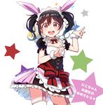  :d \m/ apron black_hair bow detached_collar double_\m/ garter_straps happy_birthday love_live! love_live!_school_idol_project maid maid_headdress mogyutto_&quot;love&quot;_de_sekkin_chuu! open_mouth red_eyes skull573 smile solo star twintails twitter_username v-shaped_eyebrows waist_apron wristband yazawa_nico 