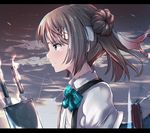  bow bowtie brown_eyes brown_hair collared_shirt commentary_request expressionless from_side green_bow green_neckwear hair_bun headband kantai_collection letterboxed machinery michishio_(kantai_collection) shirt short_hair short_sleeves solo suspenders tai_(nazutai) upper_body white_shirt 