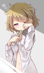  breasts brown_hair bubble cleavage commentary_request koizumi_hanayo love_live! love_live!_school_idol_project messy_hair mirror naked_shirt navel one_eye_closed open_clothes open_shirt purple_eyes rubbing_eyes shipii_(jigglypuff) shirt short_hair sleepy small_breasts solo toothbrush toothpaste watery_eyes white_shirt 