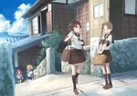  ayanami_(kantai_collection) bag briefcase brown_hair building cloud cloudy_sky commentary day kantai_collection kneehighs loafers matsutani messenger_bag multiple_girls oboro_(kantai_collection) pink_hair pleated_skirt sazanami_(kantai_collection) school_bag school_briefcase school_uniform serafuku shikinami_(kantai_collection) shoes short_hair shoulder_bag side_ponytail skirt sky 