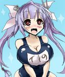  blue_hair blush breasts hair_ornament hair_ribbon huge_breasts i-19_(kantai_collection) kantai_collection long_hair name_tag one-piece_swimsuit open_mouth oro_(zetsubou_girl) red_eyes ribbon school_swimsuit smile solo star star-shaped_pupils swimsuit symbol-shaped_pupils twintails 