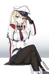  bad_id bad_pixiv_id black_legwear blonde_hair breasts brown_gloves capelet celtic_knot cnm crossed_legs gloves graf_zeppelin_(kantai_collection) grey_eyes grey_skirt hat hat_tip kantai_collection large_breasts looking_at_viewer military military_hat military_uniform miniskirt necktie pantyhose peaked_cap pleated_skirt sidelocks sitting skirt solo twintails uniform white_gloves 
